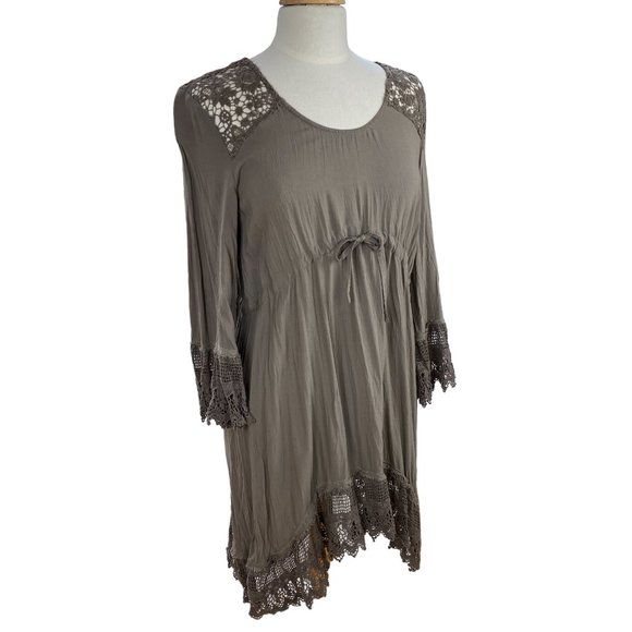 Molloreno Boho Hippie Crochet Lace Flowy Rayon Tunic High Low Brown Mini Dress-L - Picture 1 of 15